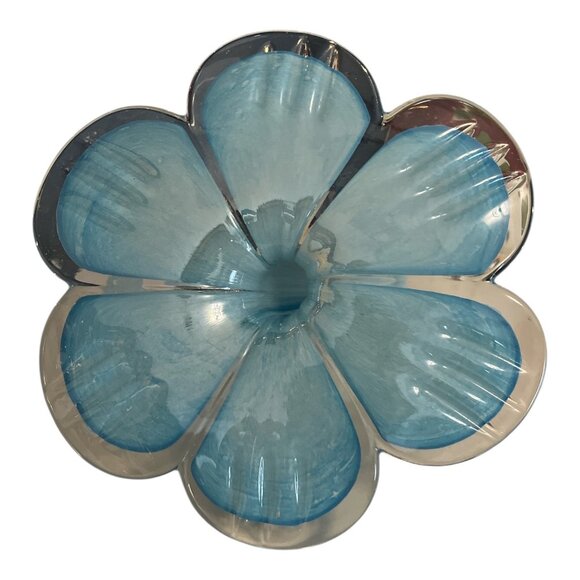 Hand-Blown Art Glass Flower Sculpture – Blue & White Swirl – Curling Stem 7" - Picture 2 of 7